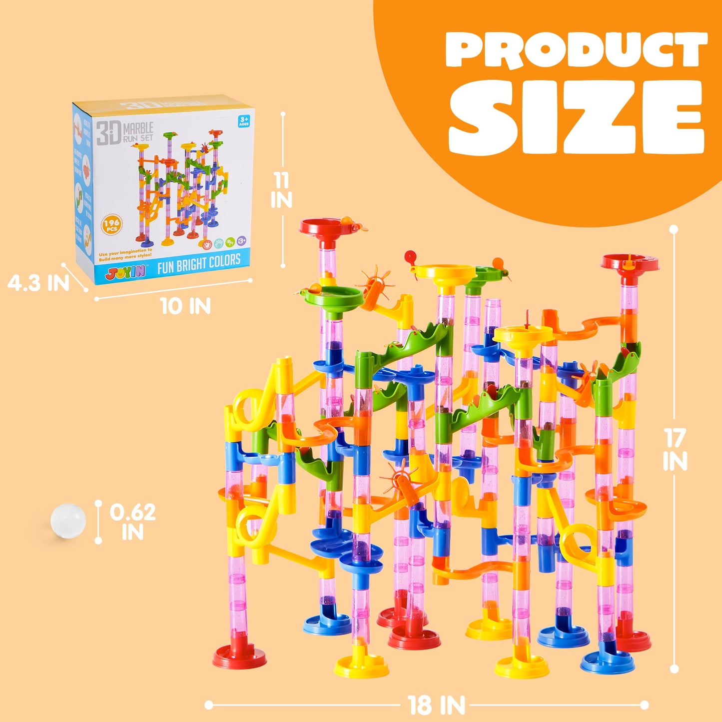 Joyfy 196 Pcs Marble Run, Construction Marble Maze Game, STEM Educational Toy, Building Block Toy, Gift for Kids Toddler Aged 3 4 5 6 7 8