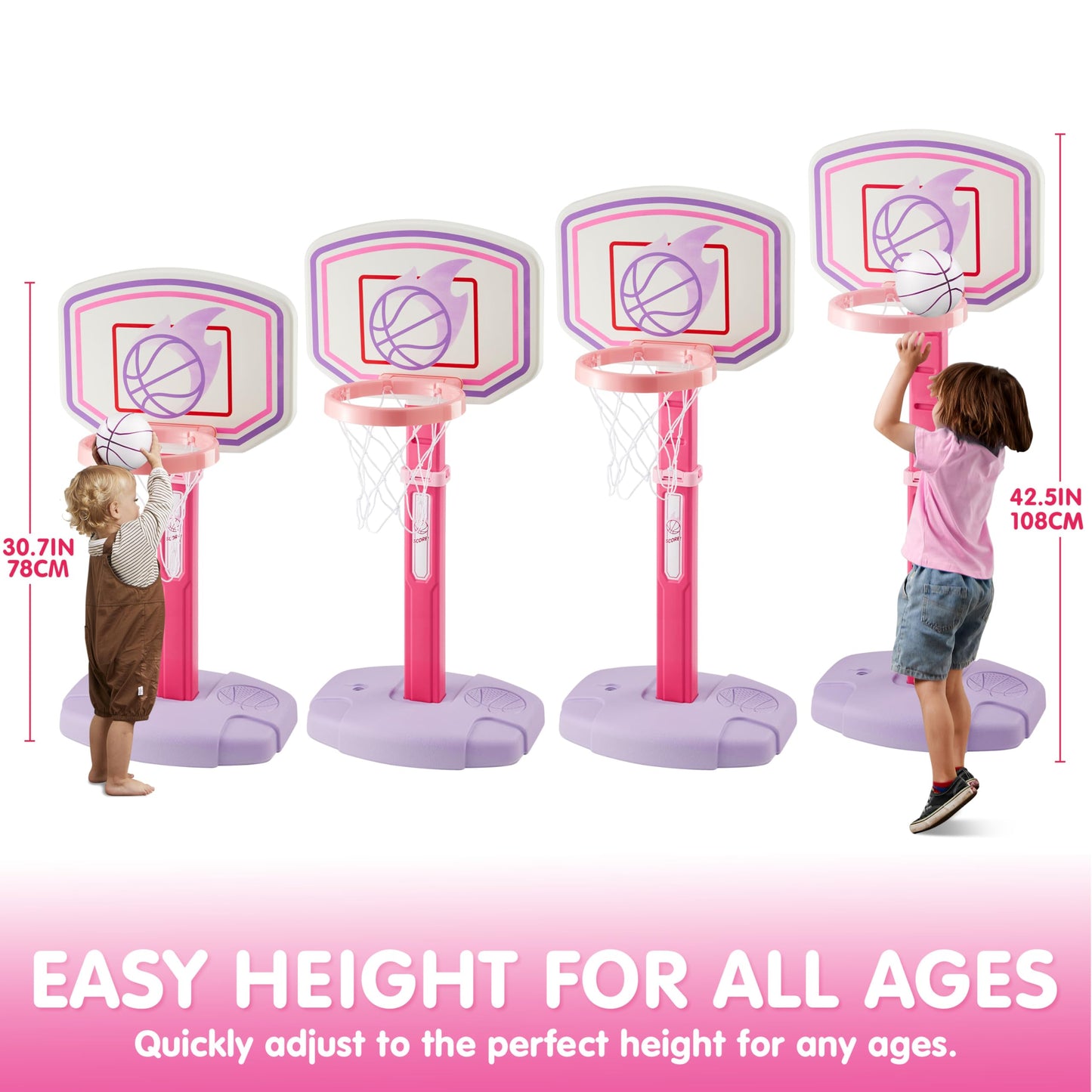 SYNCFUN Pink Basketball Hoop for Kid, Toddler Indoor Basketball Game Set, Adjustable Basketball Goal With 4 Balls for Boys Girls