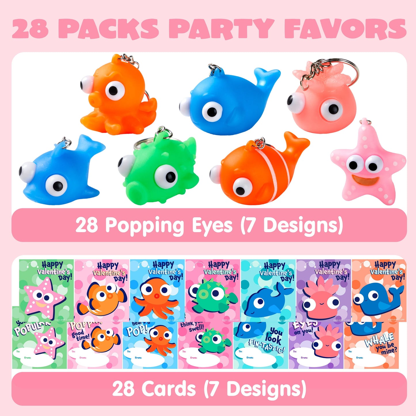 28 Packs Valentine's Day Gift Cards with Sea Animal Unzip Popping Eyes Keychains for Kids Party Favor, Classroom Exchange Gifts, Valentine’s Greeting Cards, Classroom Prizes