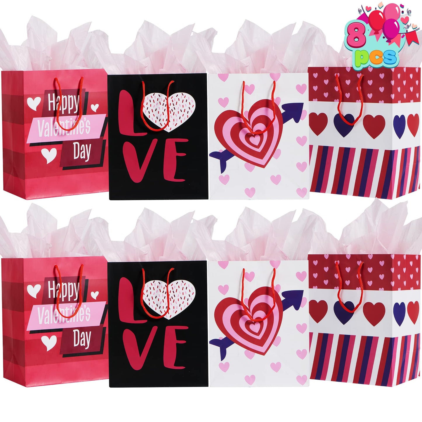 8 Pcs Valentines Day Gift Bags with Filling Paper in 4 Designs for Kids Party Favor Supplies Paper Wrapping Kraft Bags with Colorful Heart shaped Design
