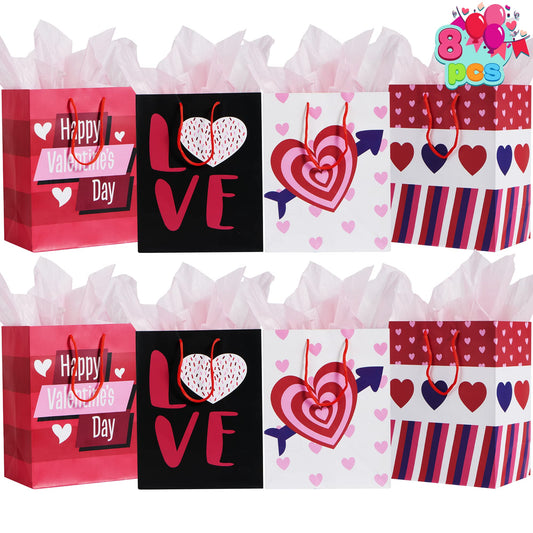 8 Pcs Valentines Day Gift Bags with Filling Paper in 4 Designs for Kids Party Favor Supplies Paper Wrapping Kraft Bags with Colorful Heart shaped Design