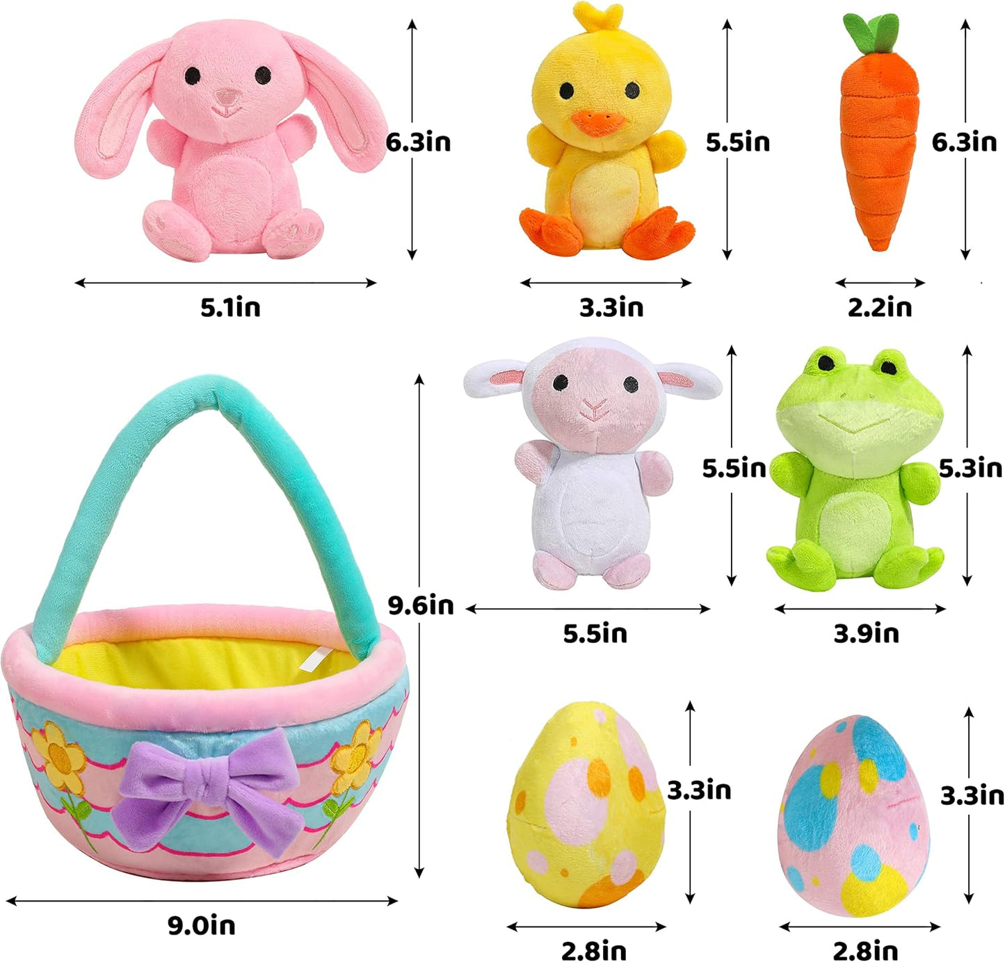 Joyfy 8 Pcs Premade Easter Basket with Easter Plushes for Baby Kids Girls, Easter Basket Stuffers Plushies Playset, Easter Gifts Set, Easter Toys Easter Party Favors, Easter Decor
