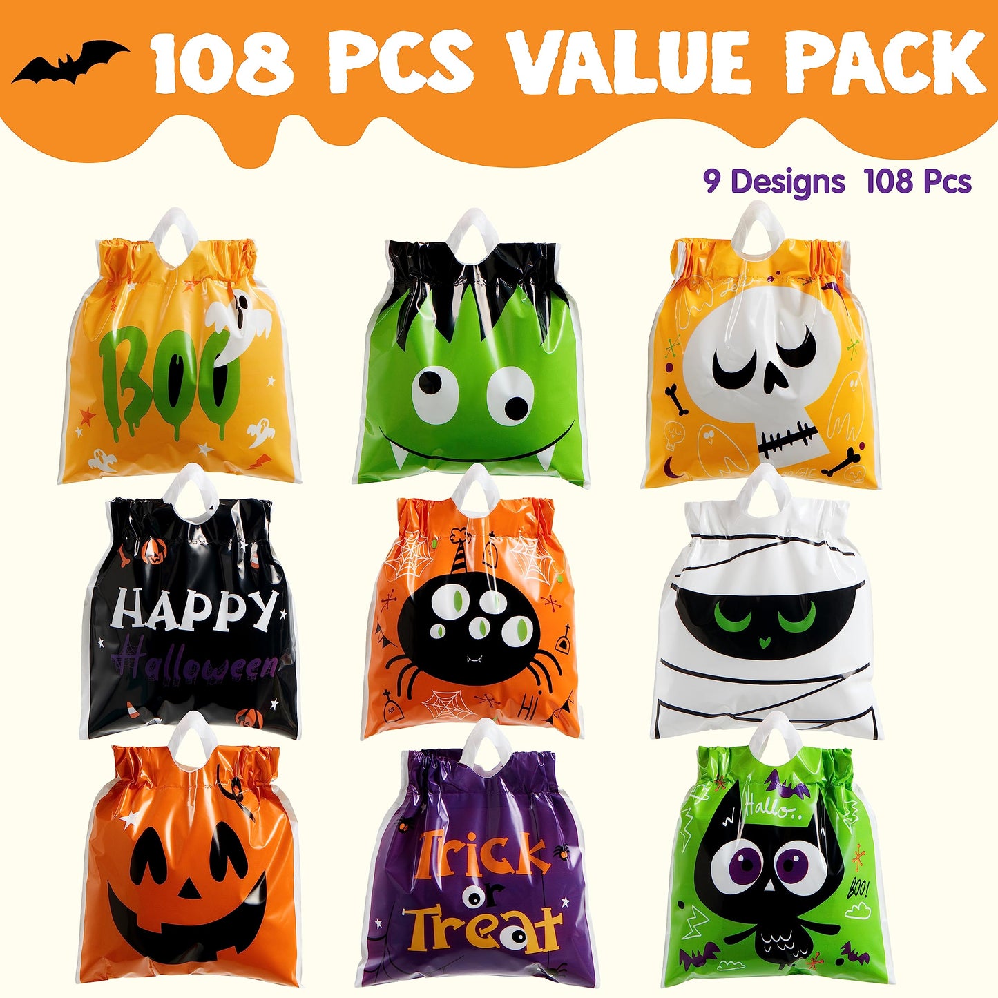 Joyfy 108 Pcs Halloween Treat Bags,Halloween Small Drawstring Candy Bags Goodie Bags Trick or Treat Bags Gift Bags,Halloween Bags Party Favors,Halloween Bags Bulk