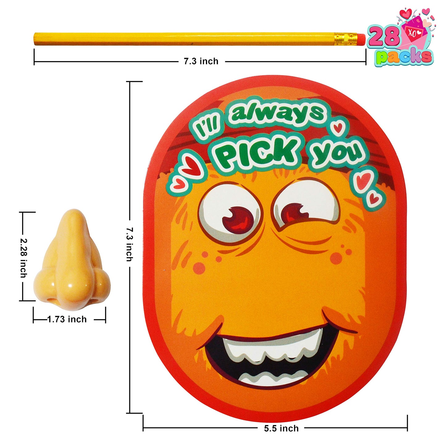 28 pcs I Pick Your Nose Pencil & Pencil Sharpener with Valentines Card for Kids Party Favor, Classroom Exchange Prizes, Valentine’s Greeting Cards