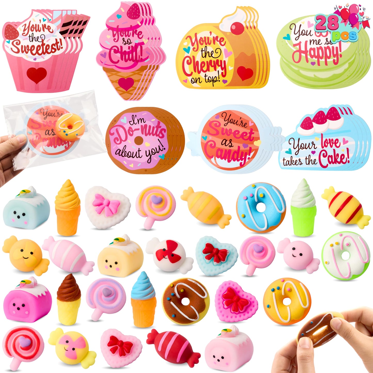 28 Packs Valentine’s Day Gift Cards with Candy Mochi Squishy Toys, Stress Relief Fidget Toys, Cute Squeeze Toys for Kids Valentine's Party Favors, Classroom Gift Exchange and School Reward