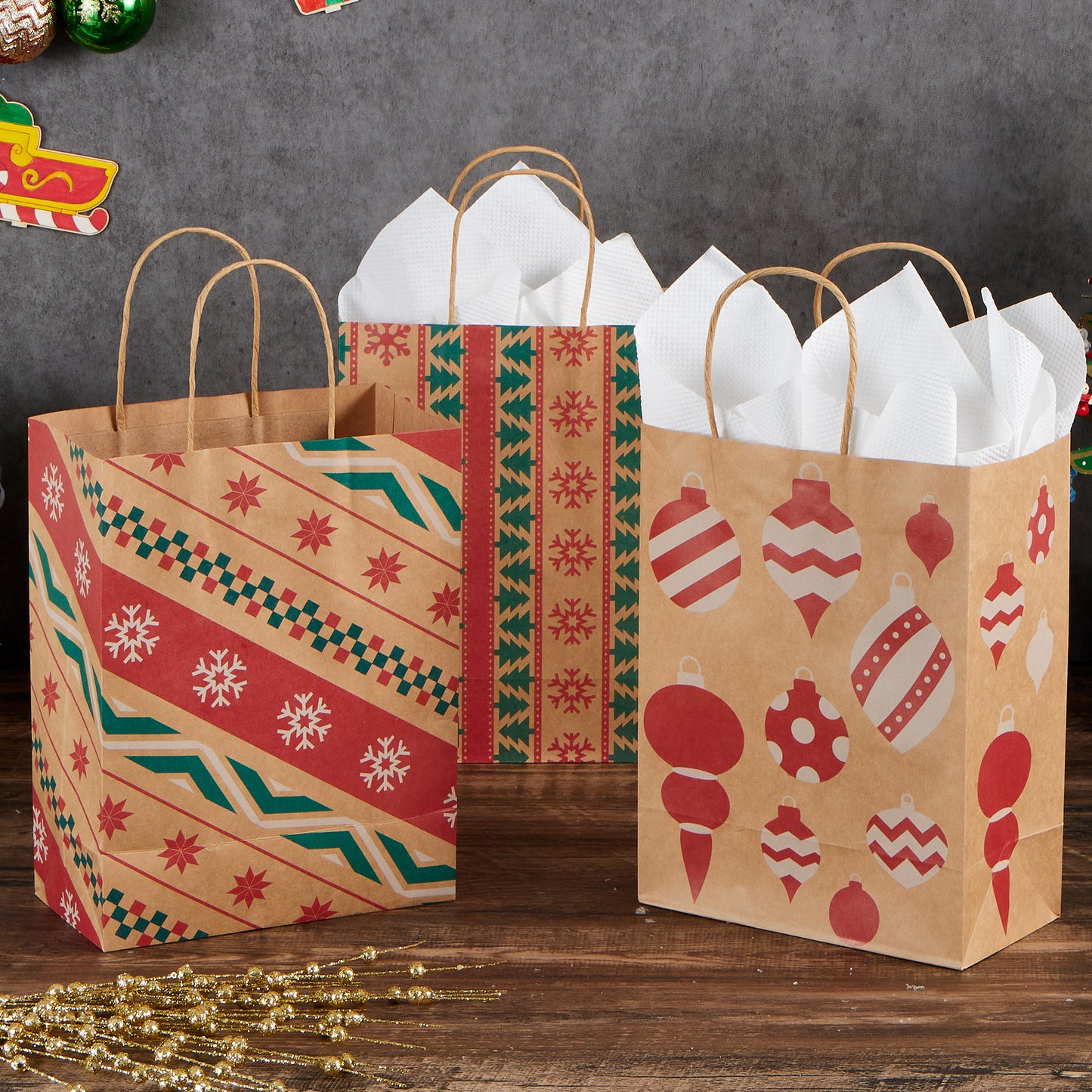 Joyfy 24 Pcs Christmas Present Bags, Kraft Bags with Handle for Christmas Party Favors, Gift Giving, Holidays Decorations, Xmas Treat Bags