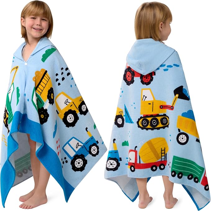 Joyfy Hooded Towels for Kids Engineering Vehicle Print Soft 100% Cotton Kids Beach Towel 30" x 50" for 3-8 Years Boys Girls Beach Hooded Poncho Absorbent Pool Toddler Swim Bath Wrap