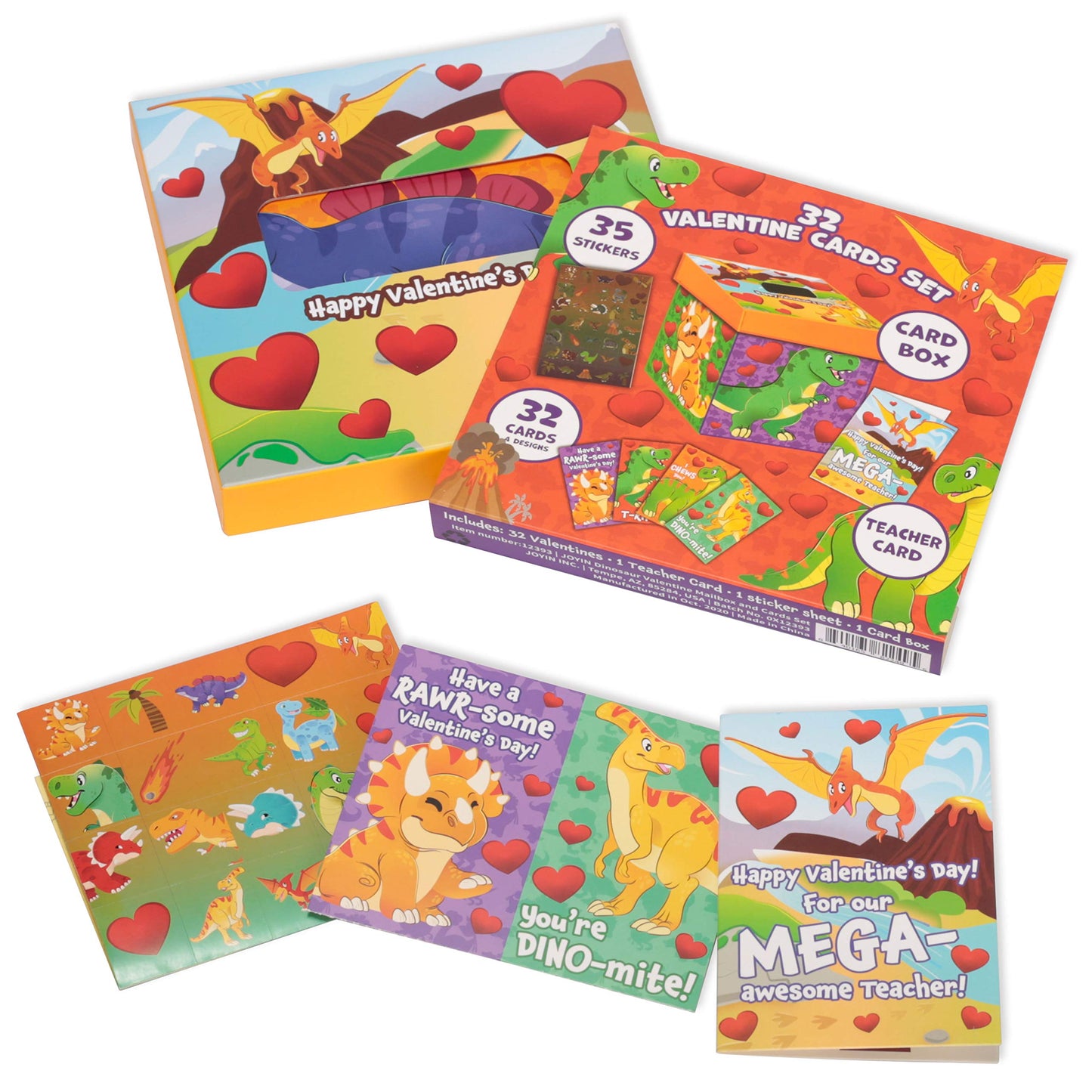 Valentines Day Cards for Kids and Mailbox (Dinosaur Theme), Valentine Mailset of boxes for Classroom Exchange Including 32 Student Valentine Cards, 1 Teacher Card, 35 Stickers & 1 Mail Box