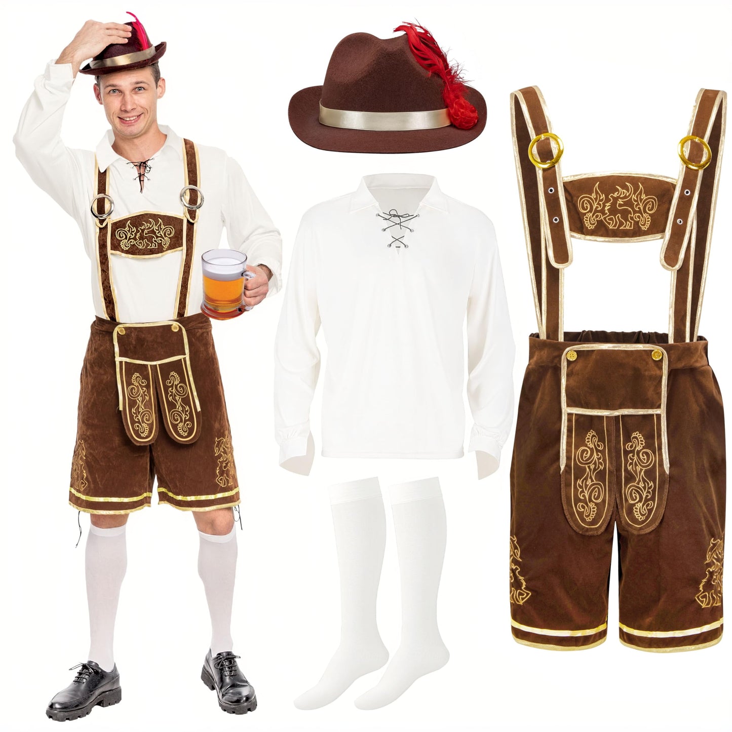 Joyfy Mens German Bavarian Oktoberfest Costume Set, Beer Costume Hat for Adults Halloween Fancy Dress Costumes and Beer Festival