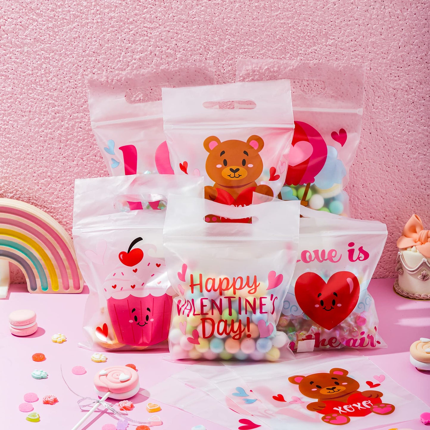 36 Pcs Valentine's Day Cellophane Gift Bag, Candy Bag with 6 Valentine’s Themed Designs for Kids Party Favor, Classroom Exchange Prizes,Valentine’s Goody Bag