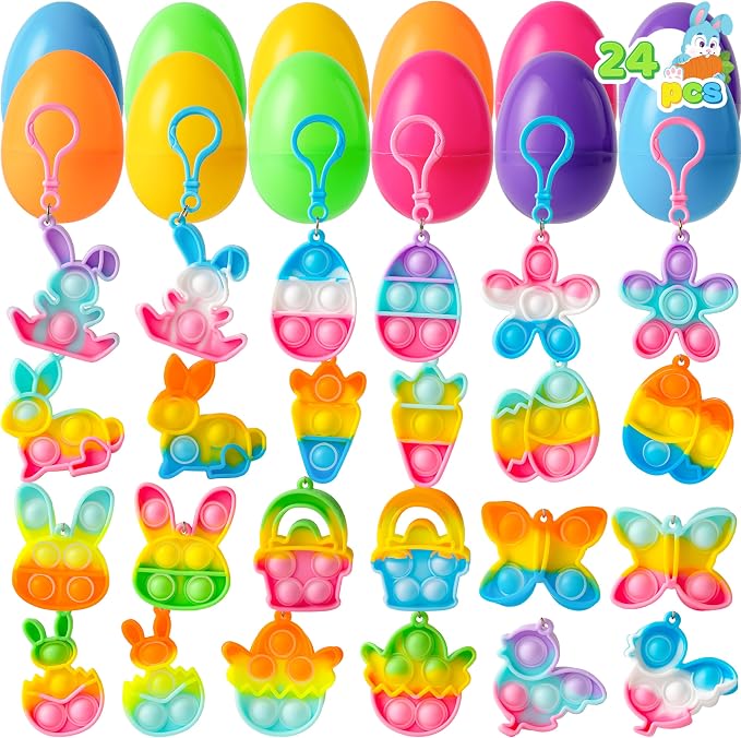 24 Pcs Prefilled Easter Egg with Mini Pop Bubble Joyfy Keychain for Kids,Sensory Stress Relief Toy for Basket Stuffers, Easter Egg Hunt, Party Favors