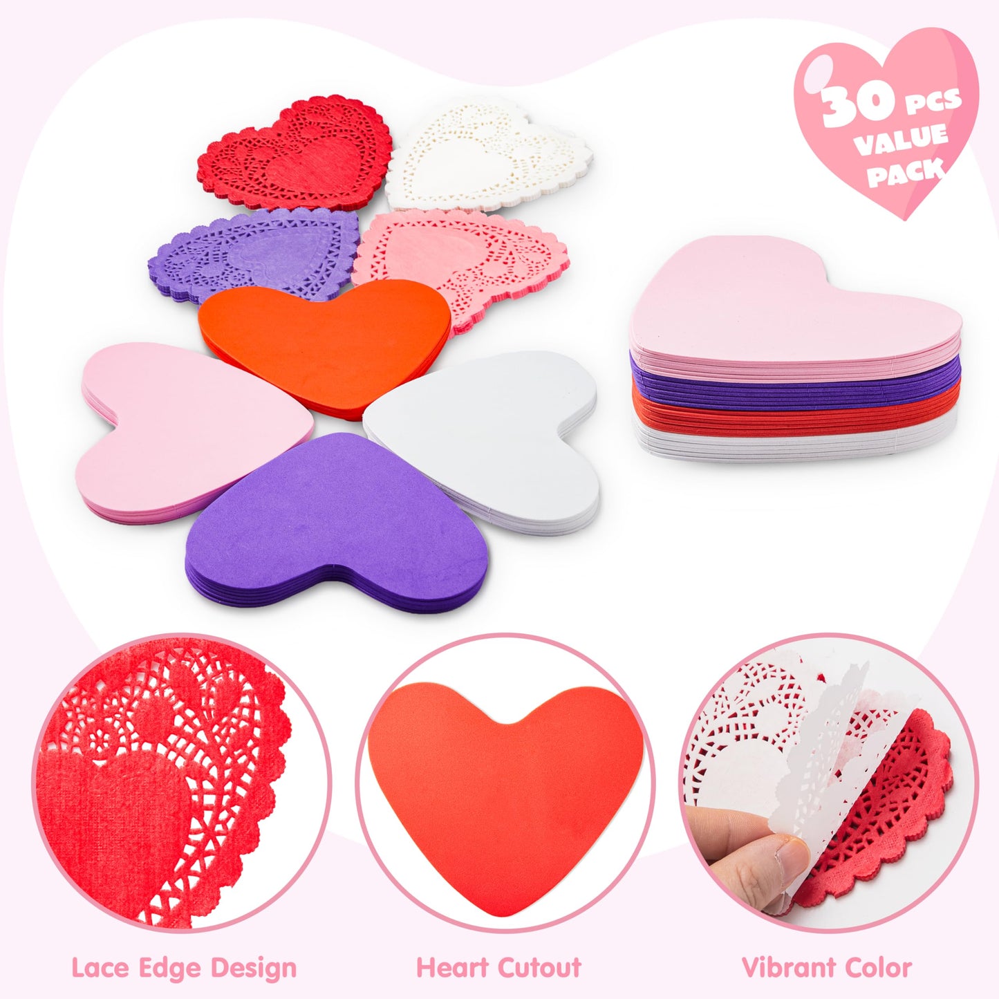126+ Pcs Valentines Day Craft Gift Set with 100 Heart Doilies, 24 Pcs Foam Hearts & 2 Bags of Foam Heart Stickers for Kids, Tableware Decoration, Home Activitie, Kitchen Disposable Table Doilies
