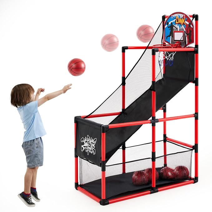 Joyfy Red Arcade Basketball Game Set, Indoor Basketball Hoop for Kids 3+ Years Old, Easy Set Up Sports Toy with 4 Balls, Gifts for Boys and Girls