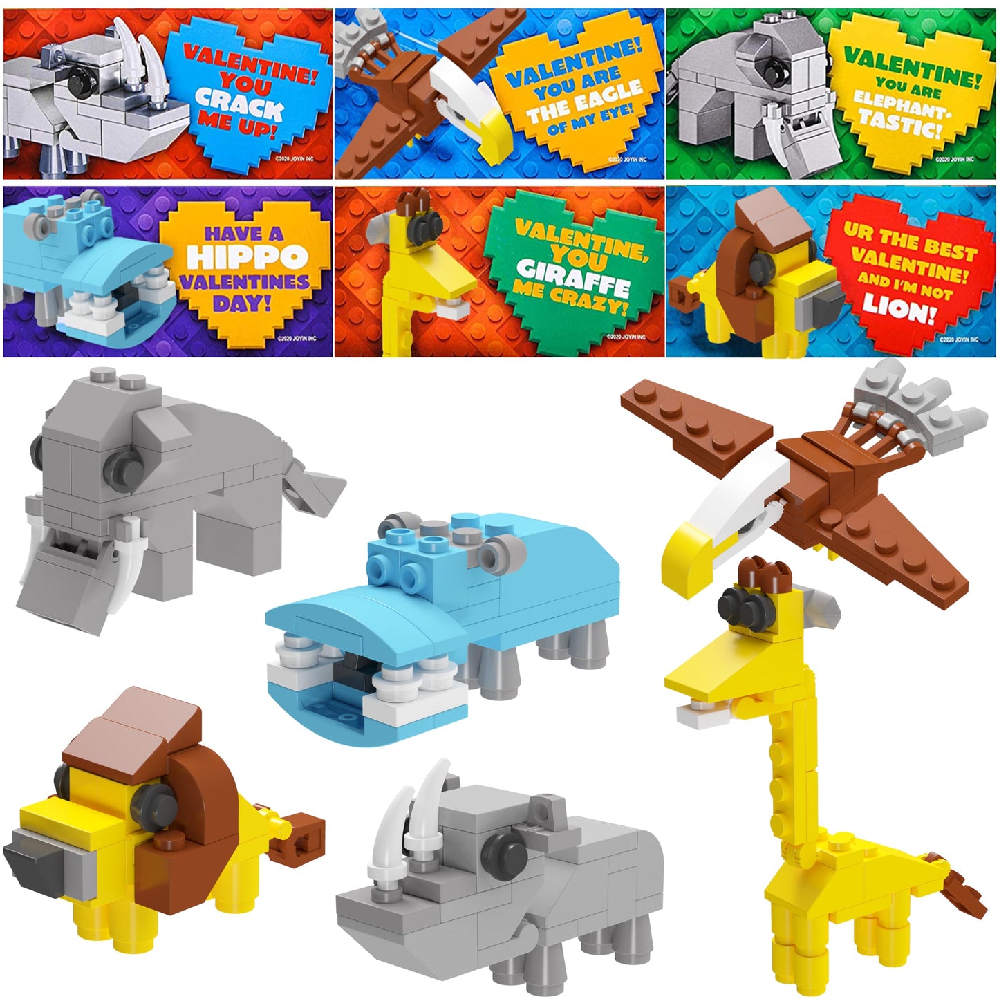 24 Packs Valentines Day Cards with Safari Animal Building Blocks for Valentine Party Favor, Classroom Exchange Prize, Valentine’s Greeting Cards