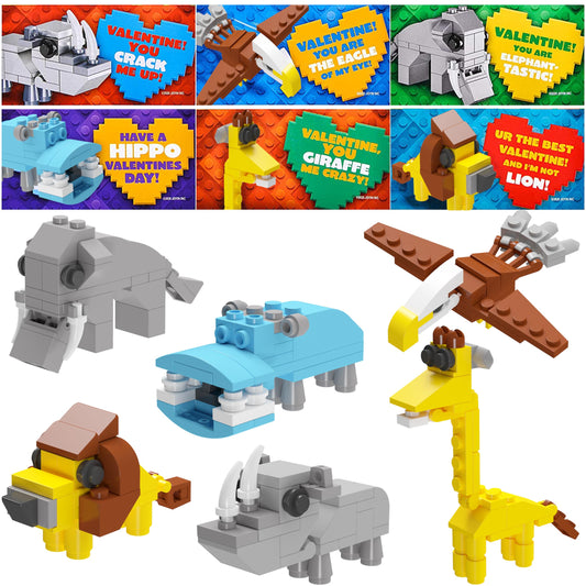 24 Packs Valentines Day Cards with Safari Animal Building Blocks for Valentine Party Favor, Classroom Exchange Prize, Valentine’s Greeting Cards