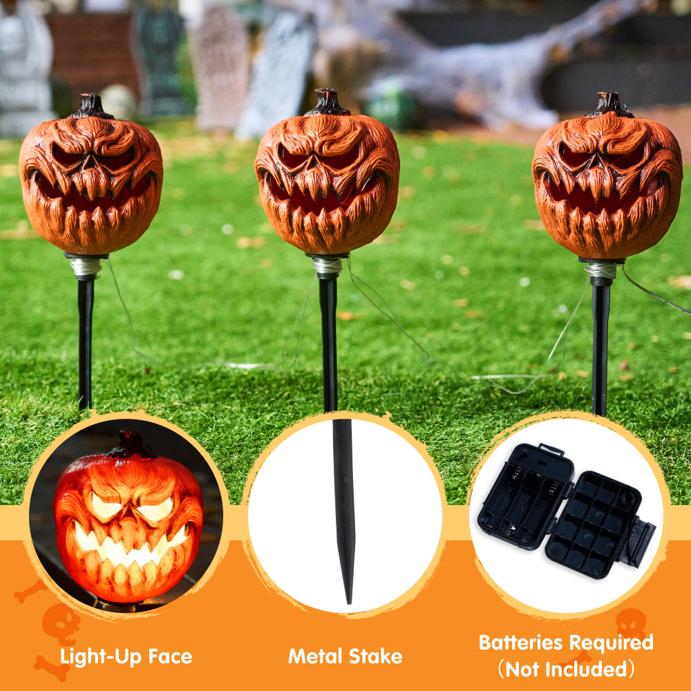 Syncfun 3 Pack Halloween Decorations Lighted Pumpkin Pathway Lights Stakes,Outdoor Jack-O-Lantern Waterproof Decorations,Scary Halloween Party Props Outdoor Yard Decor