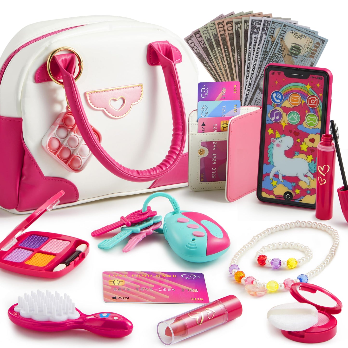 SYNCFUN Pretend Play Purse Set for Little Girls, 27PCS Princess Toy Set with Handbags, Makeup, Phone, Wallet, Jewelry, Lipstick & Keys - Ideal Christmas Birthday Gifts for Toddlers Kids Ages 3+