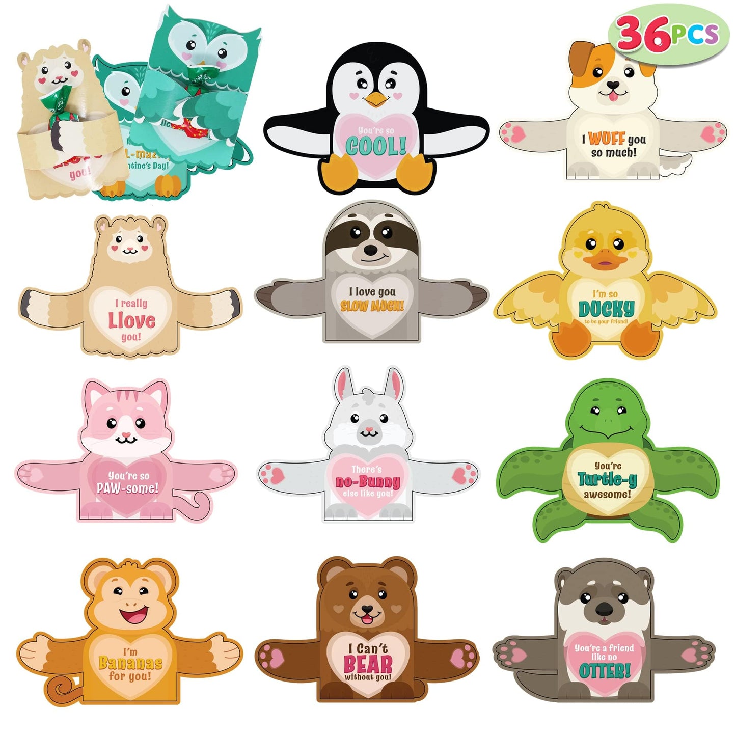 36 Pcs Valentines Day Gifts Cards with Animal Designs,Valentine’s Greeting Cards Candy Holder Cards for Kids, Valentine Classroom Exchange Cards Party Favors (Cards only)