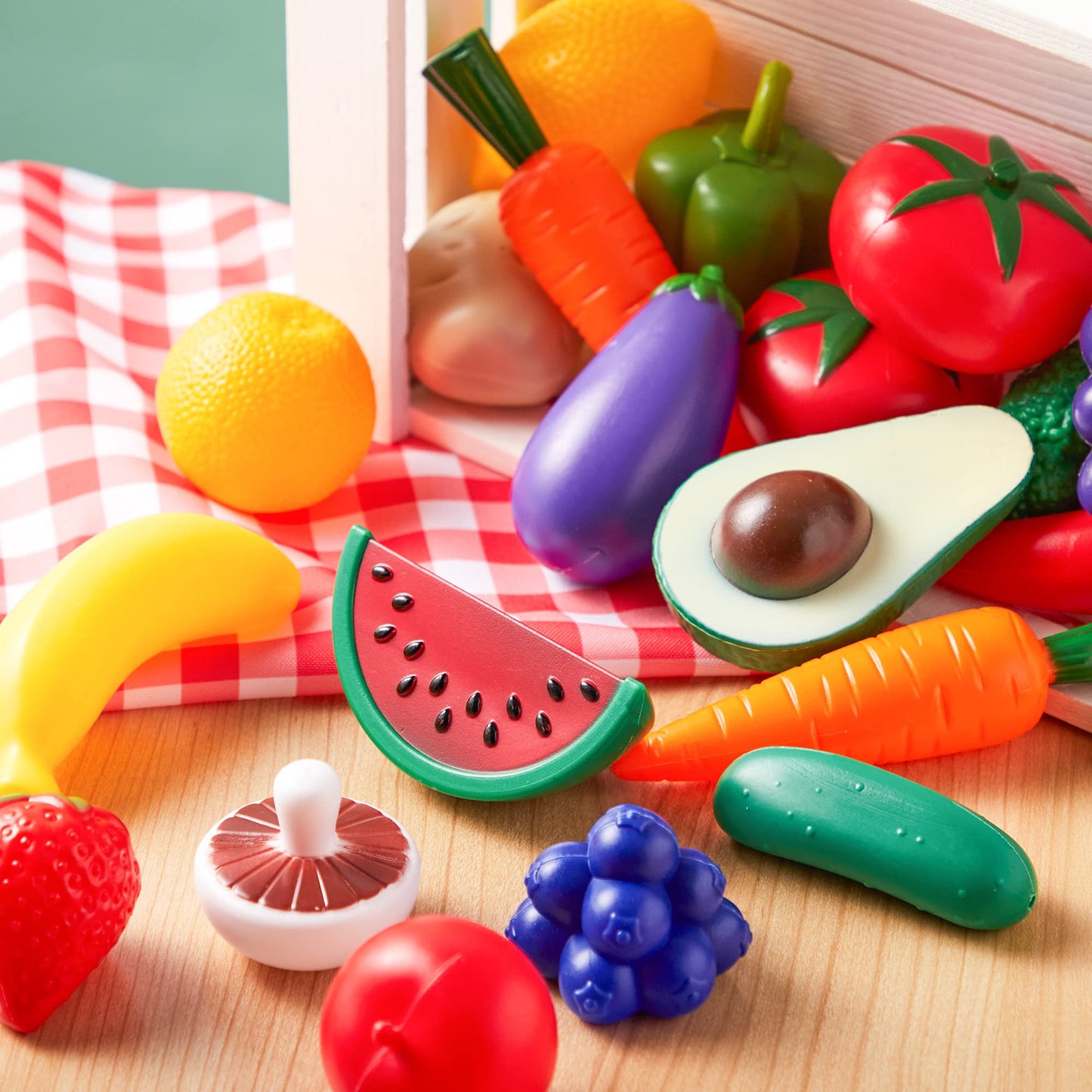SYNCFUN 68 Pcs Cutting Play Food, Fake Food for Kids Play Kitchen with Storage Basket, Pretend Play Kitchen Toys