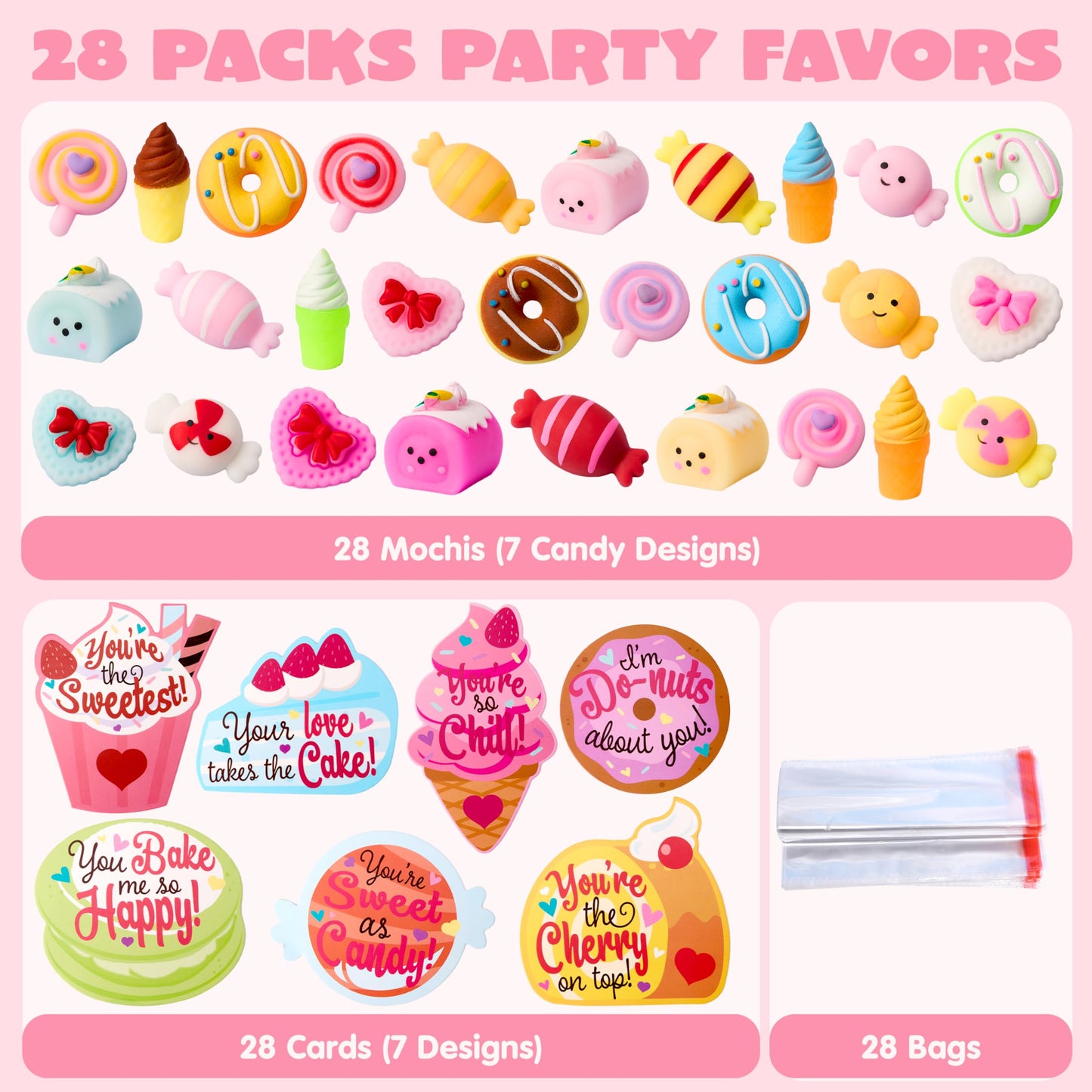 28 Packs Valentine’s Day Gift Cards with Candy Mochi Squishy Toys, Stress Relief Fidget Toys, Cute Squeeze Toys for Kids Valentine's Party Favors, Classroom Gift Exchange and School Reward