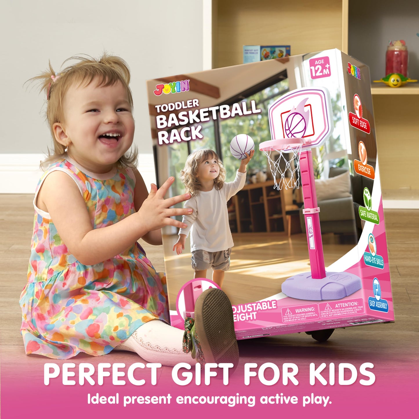 SYNCFUN Pink Basketball Hoop for Kid, Toddler Indoor Basketball Game Set, Adjustable Basketball Goal With 4 Balls for Boys Girls
