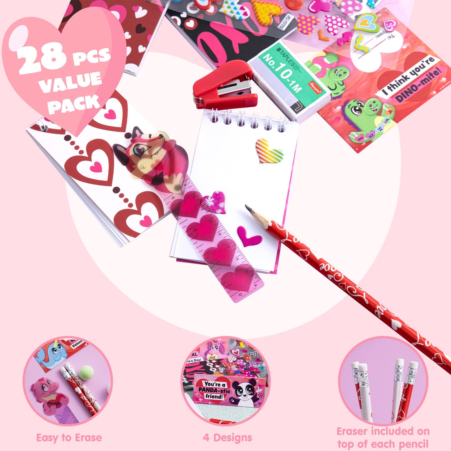 28 Packs Valentine's Day Stationery Set with Gift Card for Kids, Includes Pencils, Rulers, Notebook and Stickers for Valentine's Classroom Exchange Party Favors Supplies