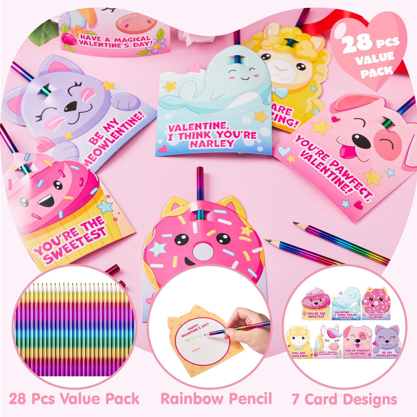 28 Packs Valentines Rainbow Pencil with Cards for Kids Party Favors, Classroom Prize Supplies, Valentines Greeting Cards including Colorful Pencils
