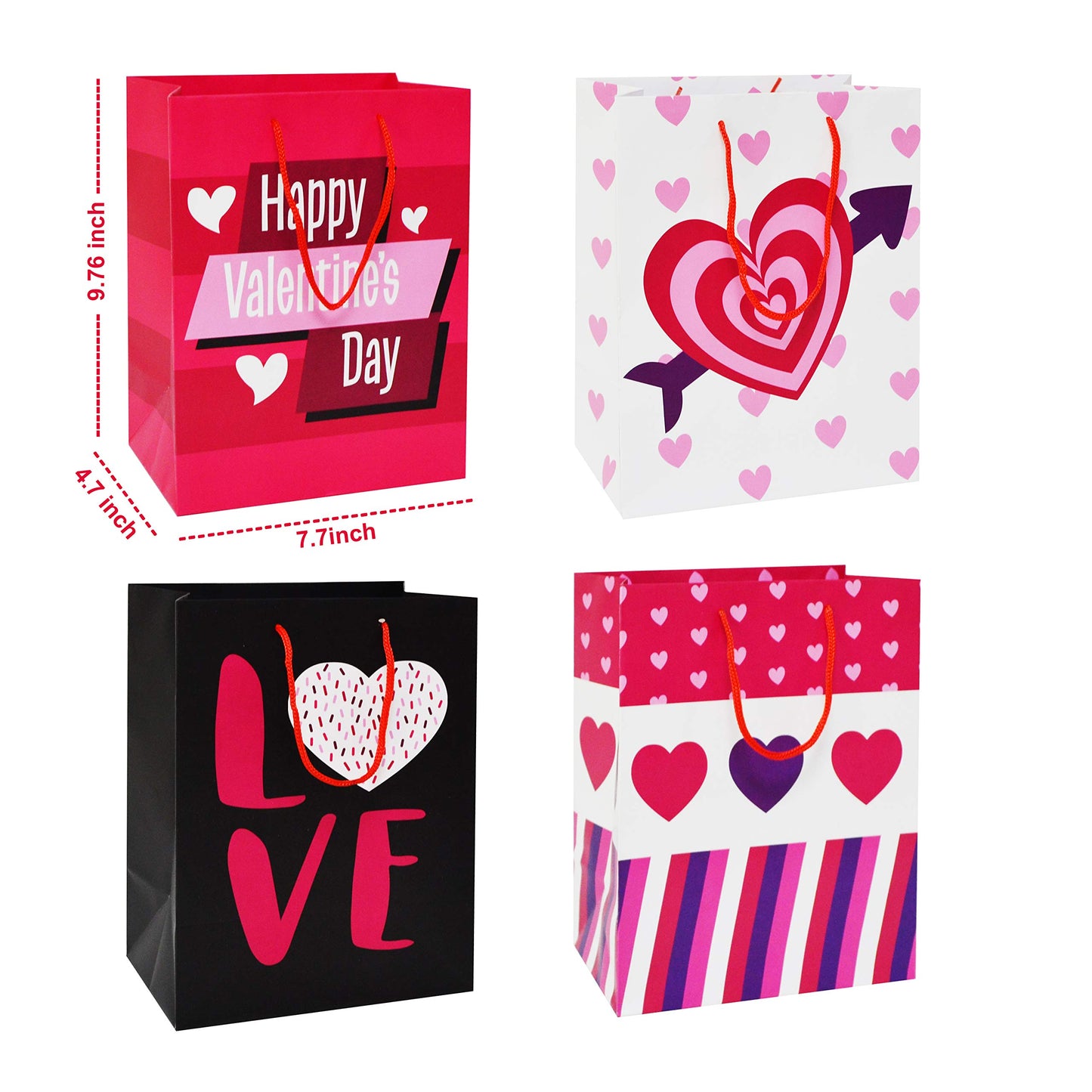 8 Pcs Valentines Day Gift Bags with Filling Paper in 4 Designs for Kids Party Favor Supplies Paper Wrapping Kraft Bags with Colorful Heart shaped Design