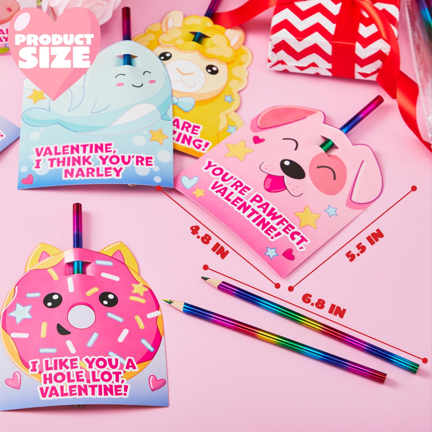 28 Packs Valentines Rainbow Pencil with Cards for Kids Party Favors, Classroom Prize Supplies, Valentines Greeting Cards including Colorful Pencils