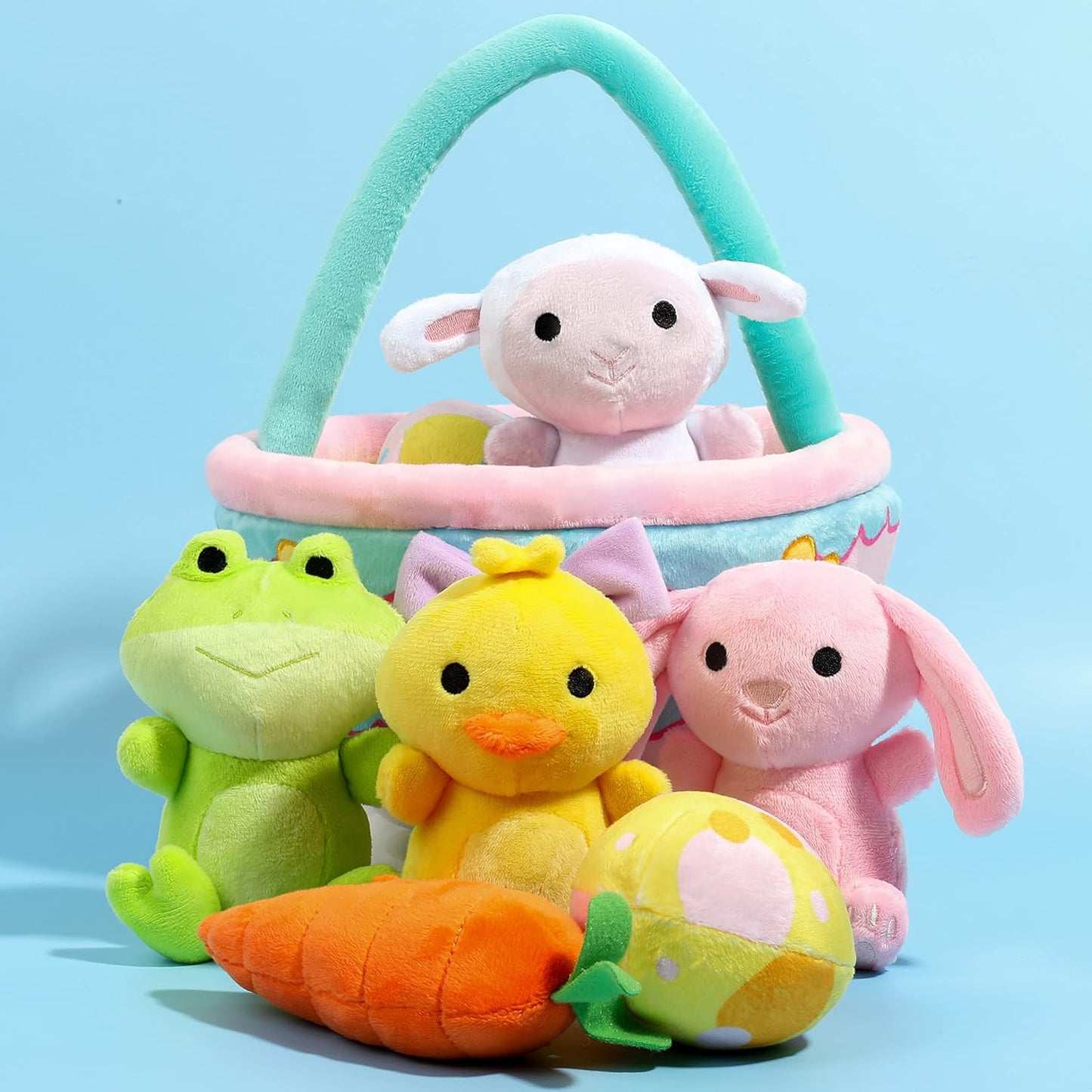 Joyfy 8 Pcs Premade Easter Basket with Easter Plushes for Baby Kids Girls, Easter Basket Stuffers Plushies Playset, Easter Gifts Set, Easter Toys Easter Party Favors, Easter Decor