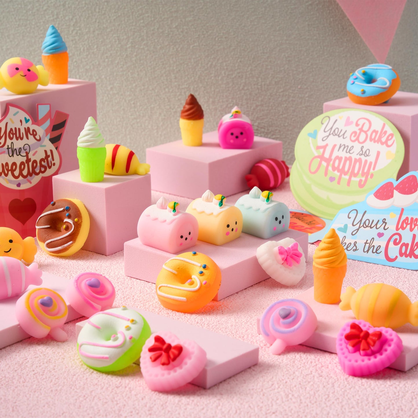 28 Packs Valentine’s Day Gift Cards with Candy Mochi Squishy Toys, Stress Relief Fidget Toys, Cute Squeeze Toys for Kids Valentine's Party Favors, Classroom Gift Exchange and School Reward