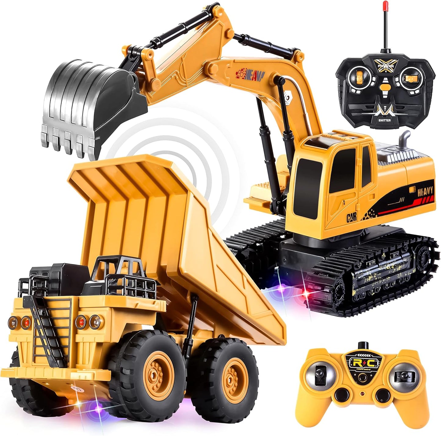 JOYFY 2 PCS Remote Control Construction Vehicle Toy Set - Powered RC Excavator & RC Dump Truck with Lights and Sounds for Imaginative Play, Birthday Gifts for Toddlers Boys Girls