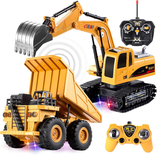 JOYFY 2 PCS Remote Control Construction Vehicle Toy Set - Powered RC Excavator & RC Dump Truck with Lights and Sounds for Imaginative Play, Birthday Gifts for Toddlers Boys Girls