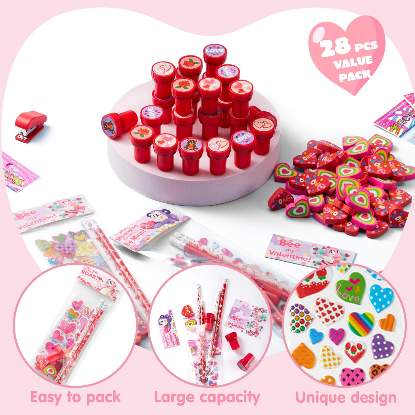 28 Pack Valentines Day Stationery Kids Gift Set for School Classmates Exchange Gift, Valentine Party Favor, Includes Pencils, Erasers, Stamper, Stickers