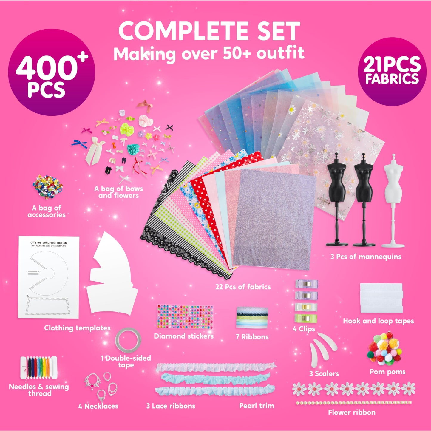 Klever Kits 400+PCS Fashion Design Crafts for Kids Art and Crafts Toy DIY Sewing Crafts with 3 Mannequins for Girls Aged 8-12, Birthday Christmas Presents