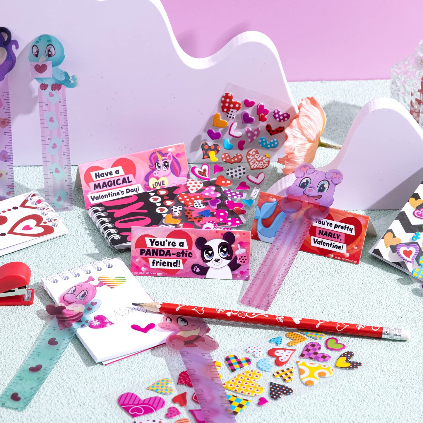 28 Packs Valentine's Day Stationery Set with Gift Card for Kids, Includes Pencils, Rulers, Notebook and Stickers for Valentine's Classroom Exchange Party Favors Supplies