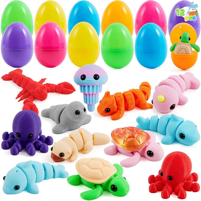 Joyfy  12Pcs Prefilled Easter Eggs with Mini Sea Animals, Articulated Toys, 3D Printed Toys, Basket Stuffers for Boys & Girls, Party Favors, Easter Egg Hunt, Classroom Supplies(Age 8+)