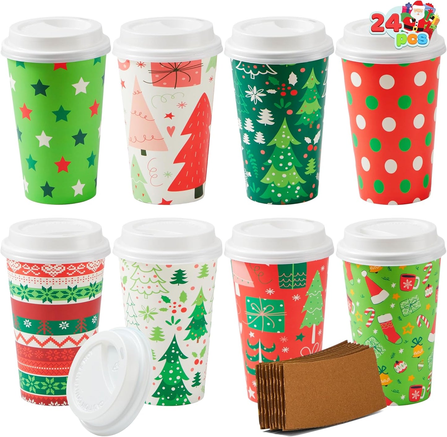 Joyfy 24 Pcs Christmas Disposable Paper Cups, 16 oz Xmas Dinnerware Cups With Cup Sleeves and Lids, 6 Designs Hot/Cold Beverages Tableware for Holiday Party Supplies