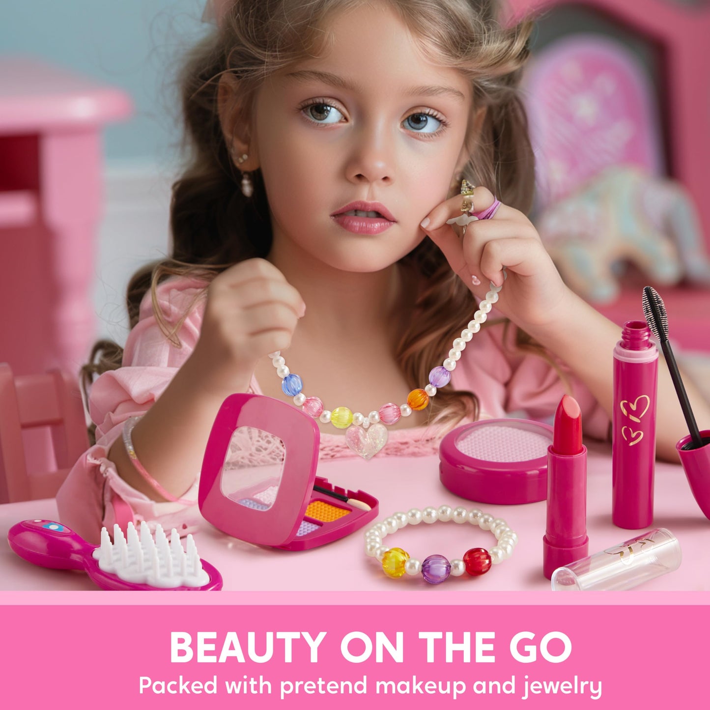 SYNCFUN Pretend Play Purse Set for Little Girls, 27PCS Princess Toy Set with Handbags, Makeup, Phone, Wallet, Jewelry, Lipstick & Keys - Ideal Christmas Birthday Gifts for Toddlers Kids Ages 3+