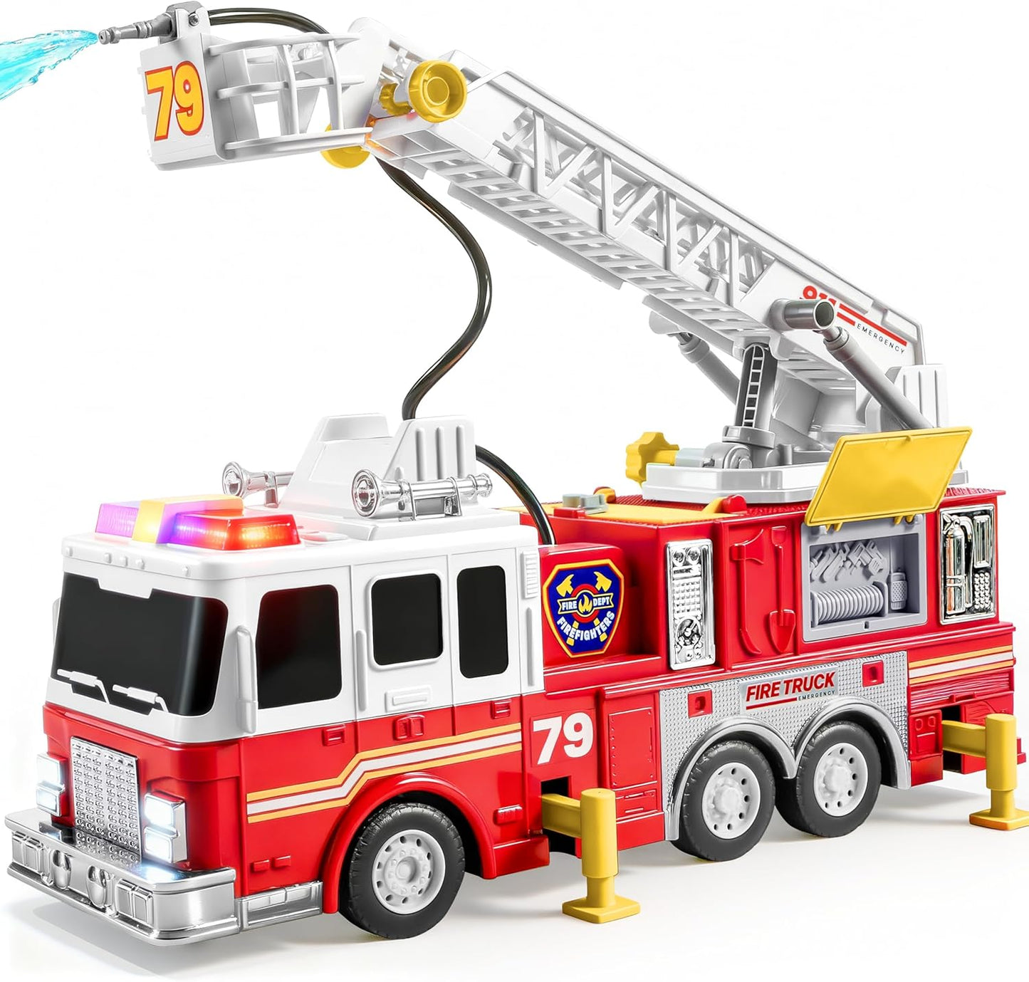 Joyfy Extra Large Fire Truck Toy for Kids, with 33-inch Extending Ladder Light & Sound/ Extendable Aerial Ladder/ Working Water Pump, Great Christmas Birthday Gift for Boy 3 4 5 6 7