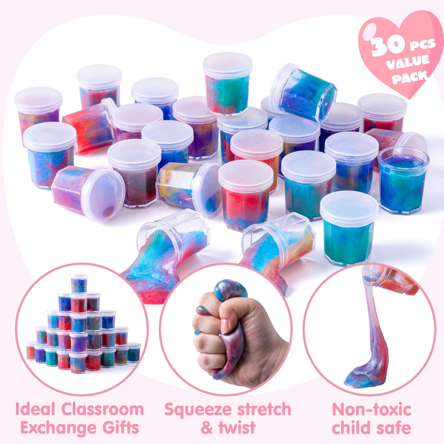 JOYFY 30Packs Valentines Galaxy Slime With Cards for Kids,Stress Relief Fidget Toy for Kids Valentines Class Exchange Cards,Valentines Party Favors