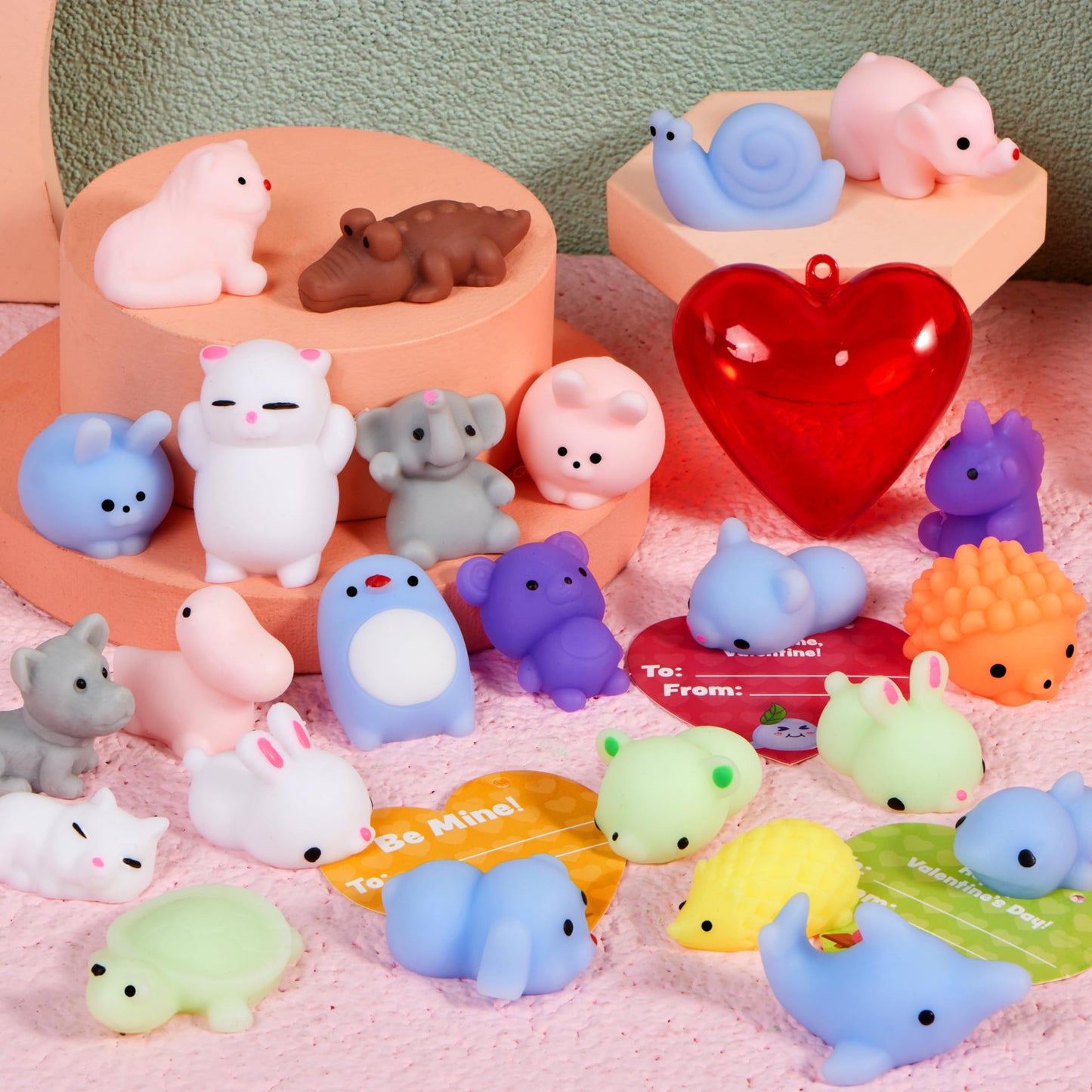 28 Mochi squishy toys Filled Hearts and Valentine Cards for Kids Valentine Classroom Exchange Party Favors, Kawaii Stress Relief Toys for Valentine Gift Exchange, Game Prizes and Carnivals Gift