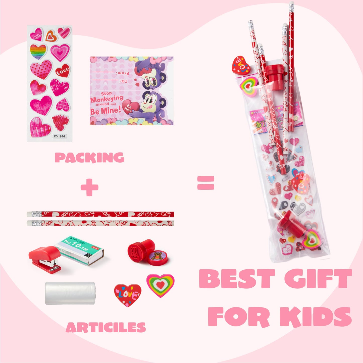 28 Pack Valentines Day Stationery Kids Gift Set for School Classmates Exchange Gift, Valentine Party Favor, Includes Pencils, Erasers, Stamper, Stickers