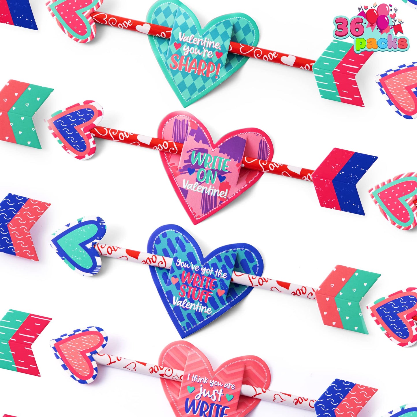 36 pack Valentines Day Cupid's Arrow Pencil Set with Gift Cards for Valentine Classroom Exchange Prizes Party Favors