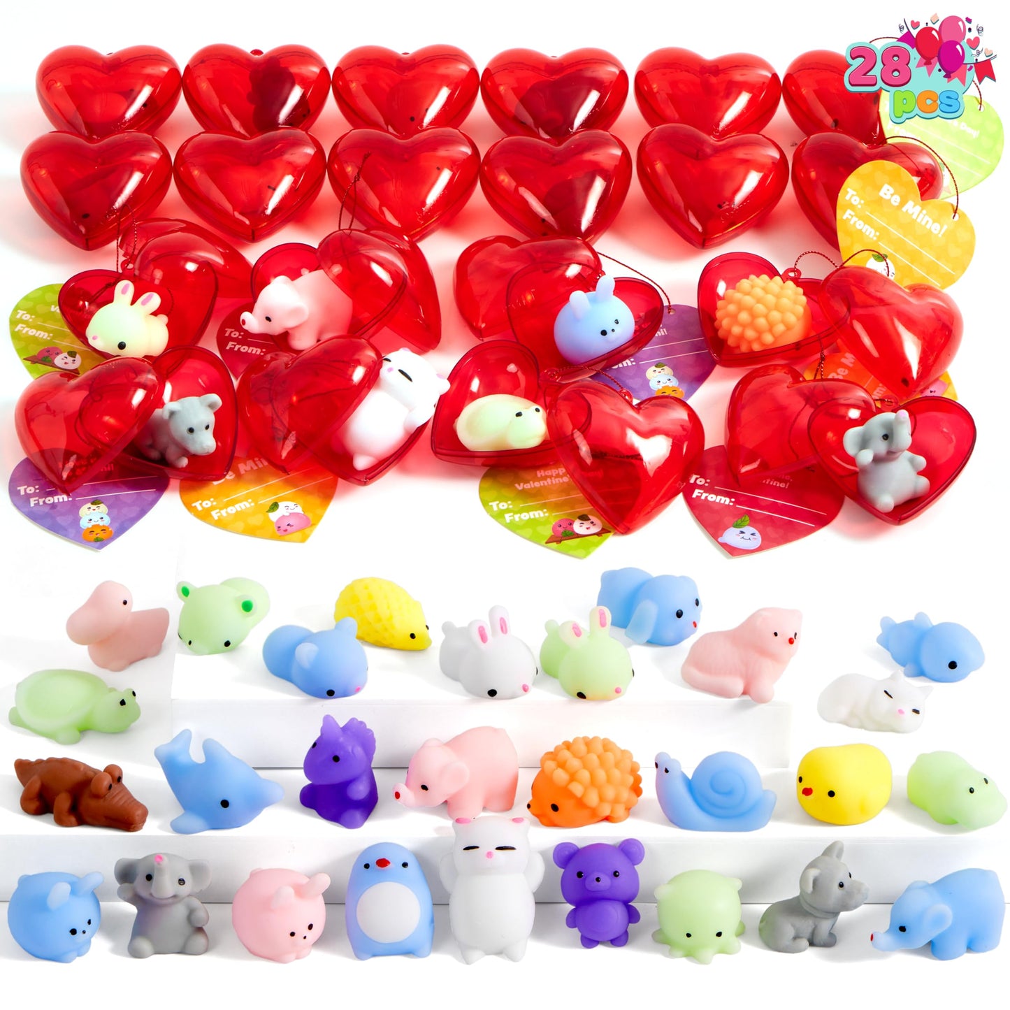 28 Mochi squishy toys Filled Hearts and Valentine Cards for Kids Valentine Classroom Exchange Party Favors, Kawaii Stress Relief Toys for Valentine Gift Exchange, Game Prizes and Carnivals Gift
