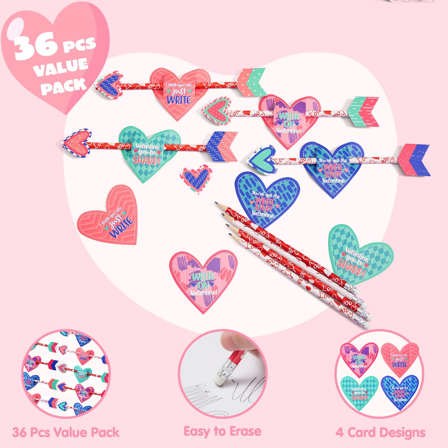 36 pack Valentines Day Cupid's Arrow Pencil Set with Gift Cards for Valentine Classroom Exchange Prizes Party Favors