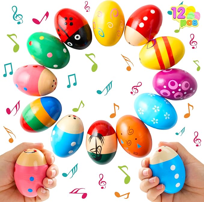 Joyfy 12 Packs 1.9''*2.7" Wooden Egg Shakers Maracas Percussion Musical for Party Favors, Classroom Prize Supplies, Musical Instrument, Basket Stuffers Fillers, Easter Hunt