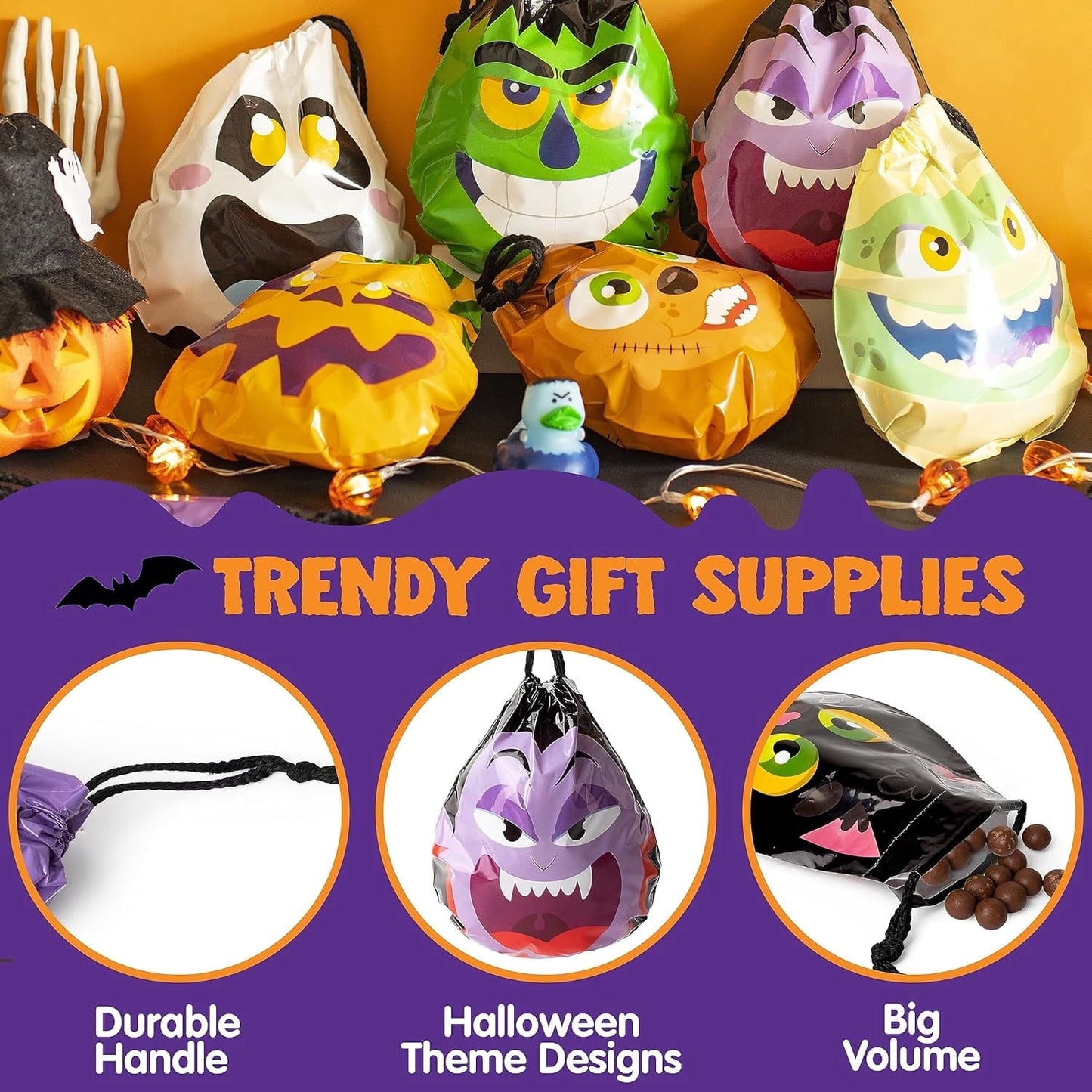 Joyfy 60 PCS Halloween Treat Bags, Drawstring Goody Bags for Kids, Trick or Treats Bags, Candy Gift Bags Bulk for Halloween Party Favors Supplies