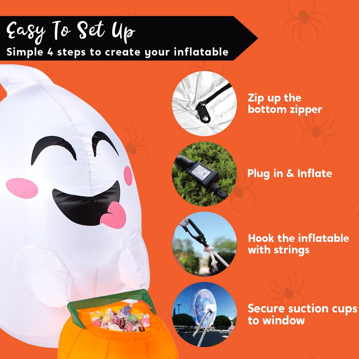 SYNCFUN 4.5 FT Halloween Inflatable Outdoor Cute Flying Ghost with Pumpkin Candy Basket Broke Out from Window with Built-in LED Blow Up Inflatable for Window Decoration Yard
