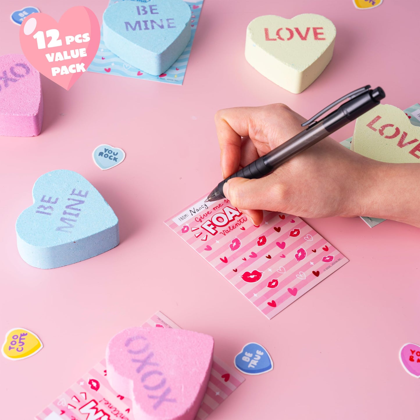 12 Packs Valentine’s Day Heart Shape Bath Bomb with Cards for Kids Valentine Party Favors, Valentine Gifts, Valentine’s Greeting Cards, Heart Soap Valentines Day Gift for Her